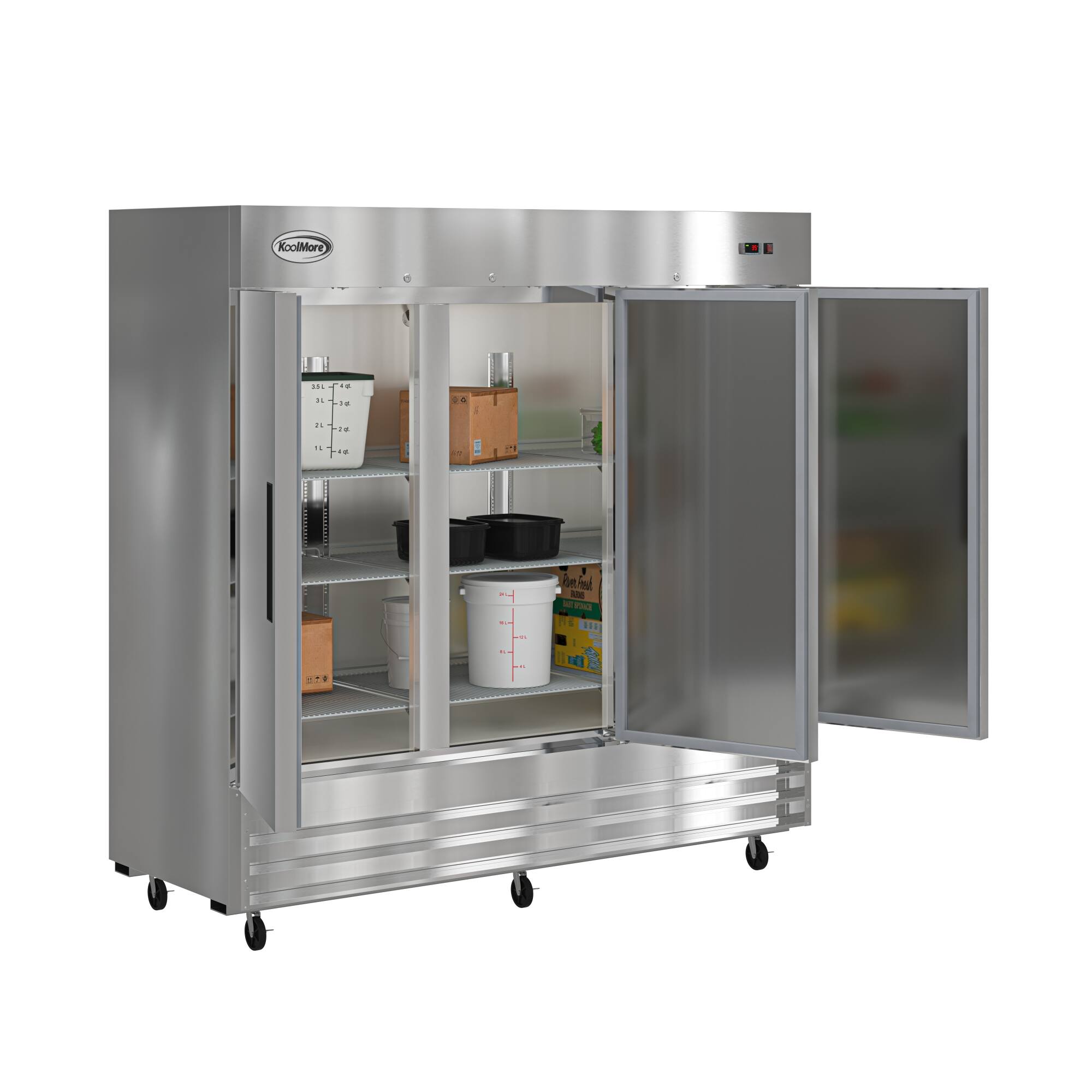 The image features a stainless steel refrigerator with two doors. The refrigerator is filled with various food items, including a large number of bottles placed on different shelves. The bottles are of different sizes and are arranged in a way that they are easily accessible. The refrigerator is designed to store and preserve food items, making it an essential appliance for maintaining a well-stocked kitchen.