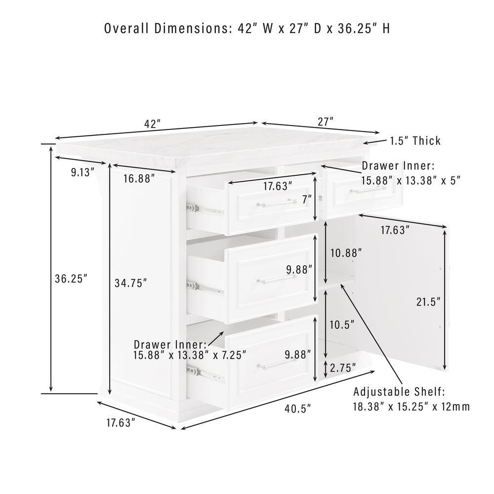Overall Dimensions: 42" W x 27" D x 36.25" H

Drawer Inner: 15.88" x 13.38" x 5"

Drawer Inner: 15.88" x 13.38" x 7.25"

Adjustable Shelf: 18.38" x 15.25" x 12mm