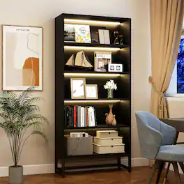 HTUTWOO - Tall Bookcase with LED Lights – 5 Tier Bookshelf with Storage, Wood Bookshelf with Adjustable Lighting, Display Cabinet - Black