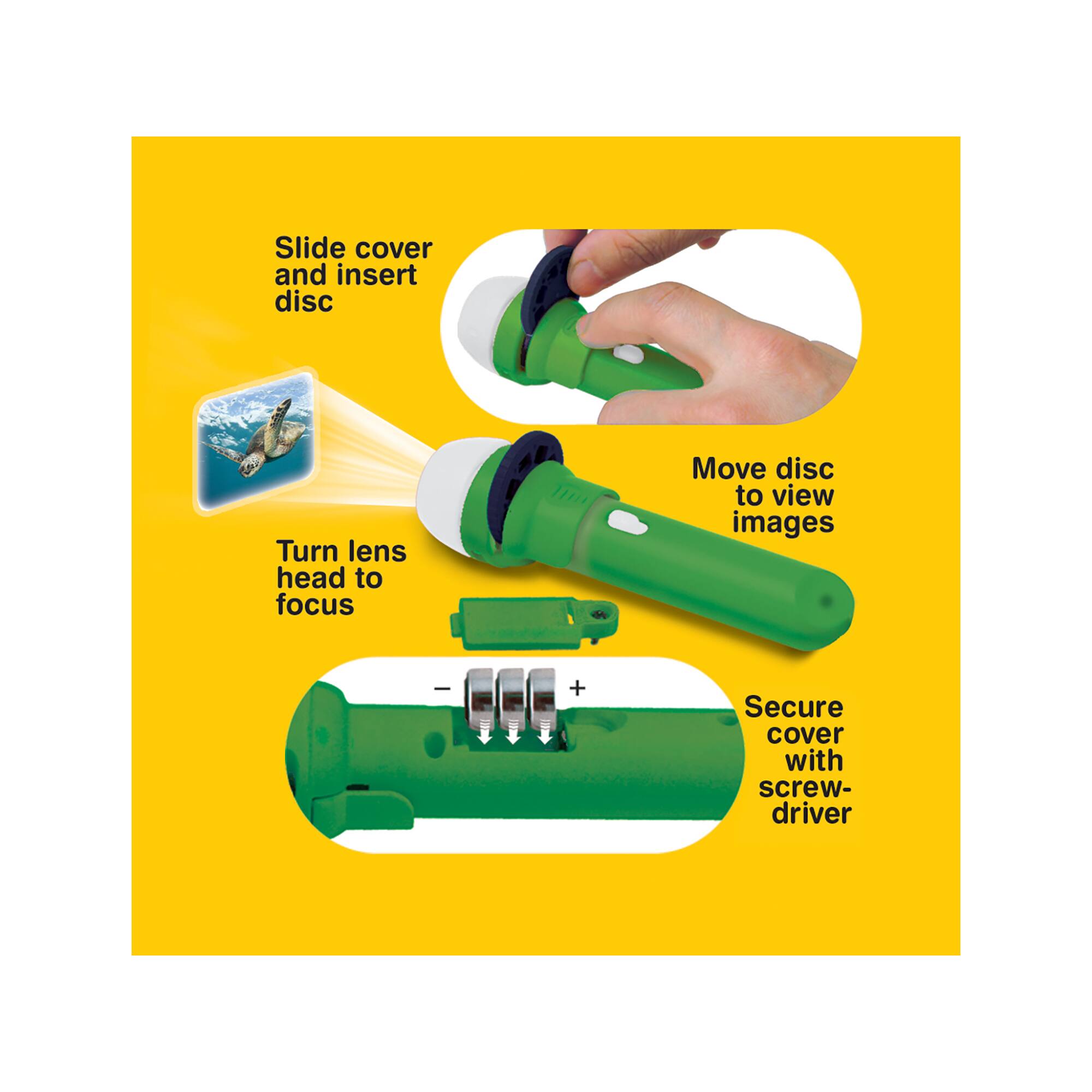 Slide cover and insert disc, Turn lens head to focus, Move disc to view images, Secure cover with screwdriver.