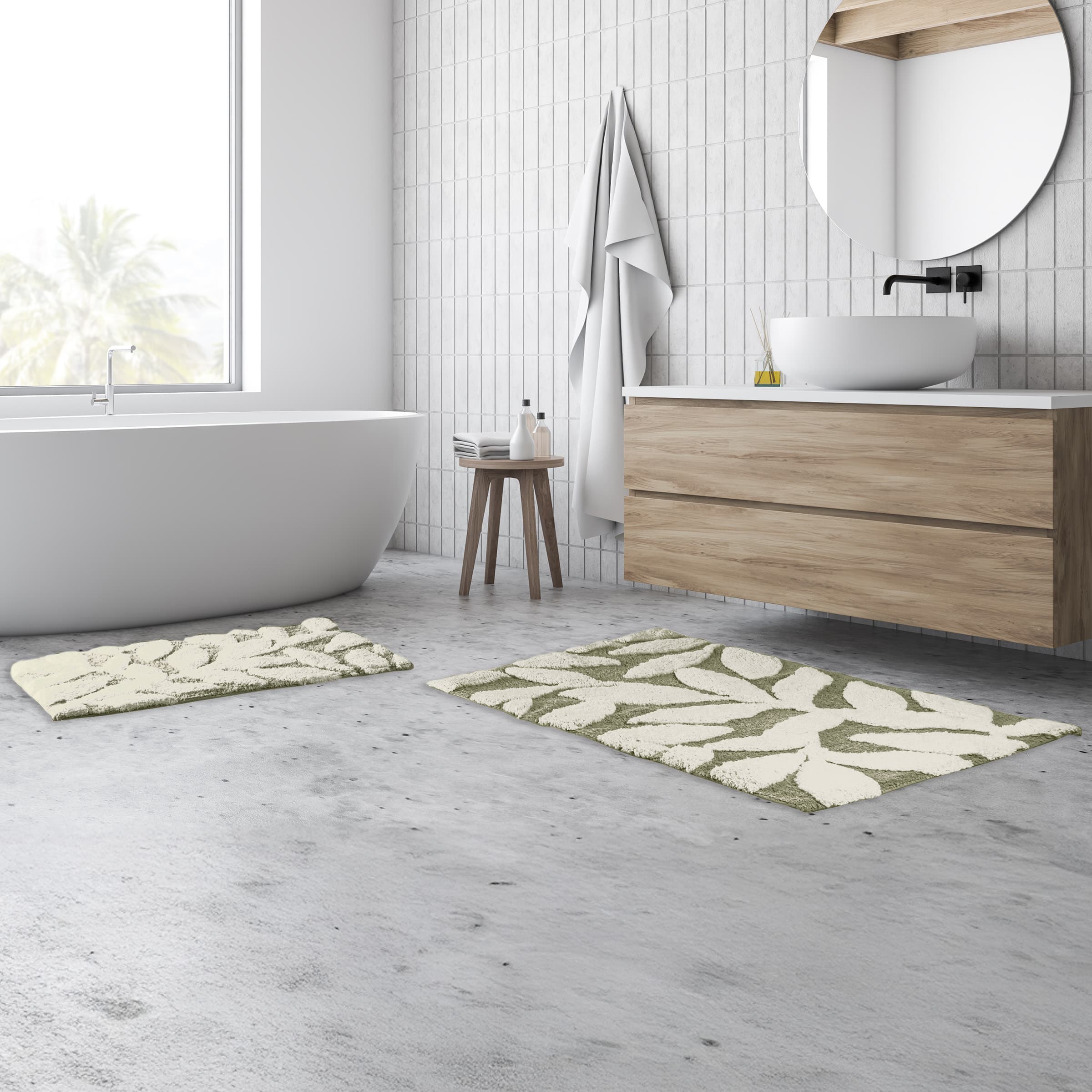 Lavish Home - 2PC Cotton Bathroom Rug Set Non Slip Bath Mats 35x22" and 25x18", Green - Sage