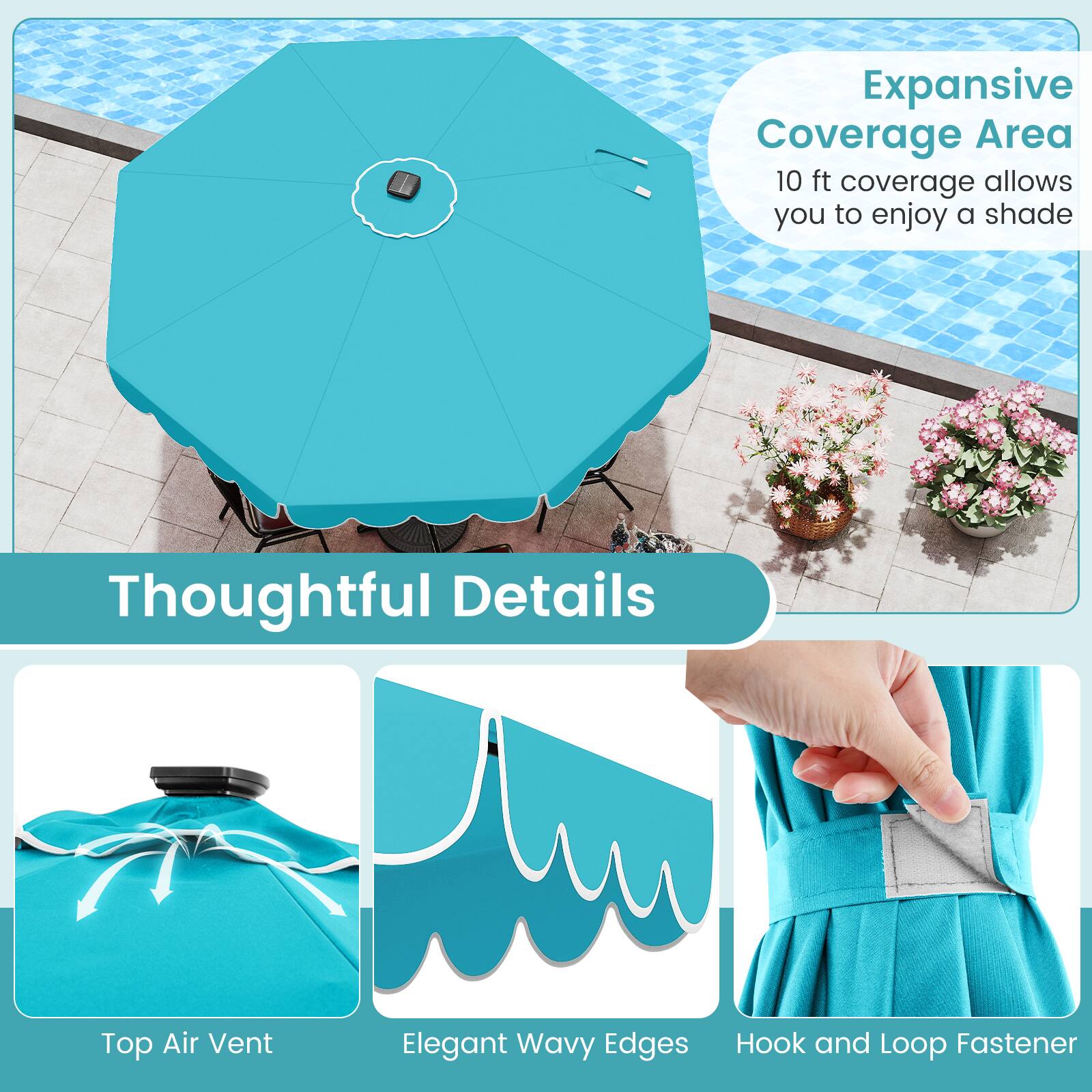 Expansive Coverage Area 10 ft coverage allows you to enjoy a shade, Thoughtful Details, Top Air Vent, Elegant Wavy Edges, Hook and Loop Fastener