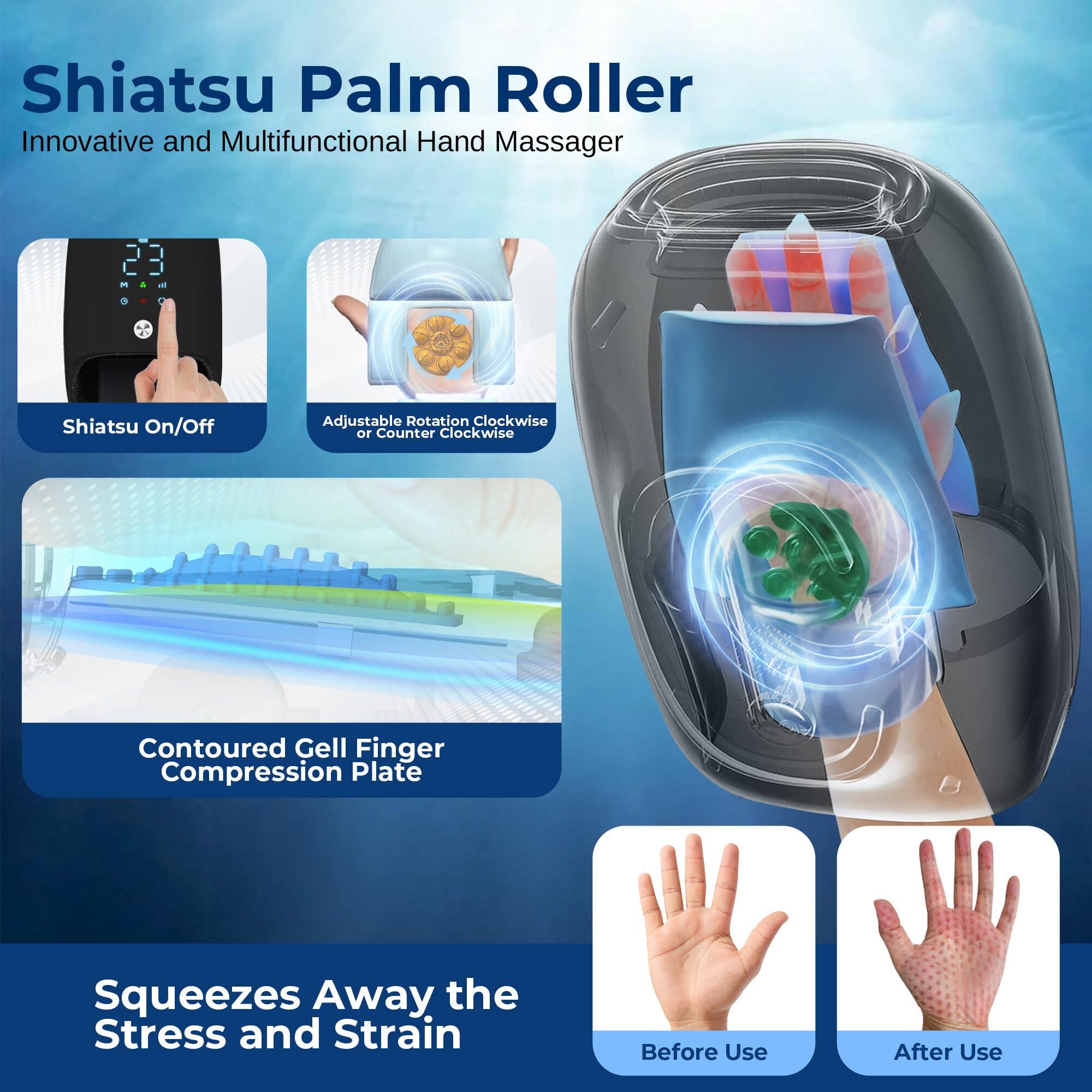 Shiatsu Palm Roller  
Innovative and Multifunctional Hand Massager  

- Shiatsu On/Off  
- Adjustable Rotation Clockwise or Counter Clockwise  
- Contoured Gel Finger Compression Plate  
- Squeezes Away the Stress and Strain  

Before Use  
After Use