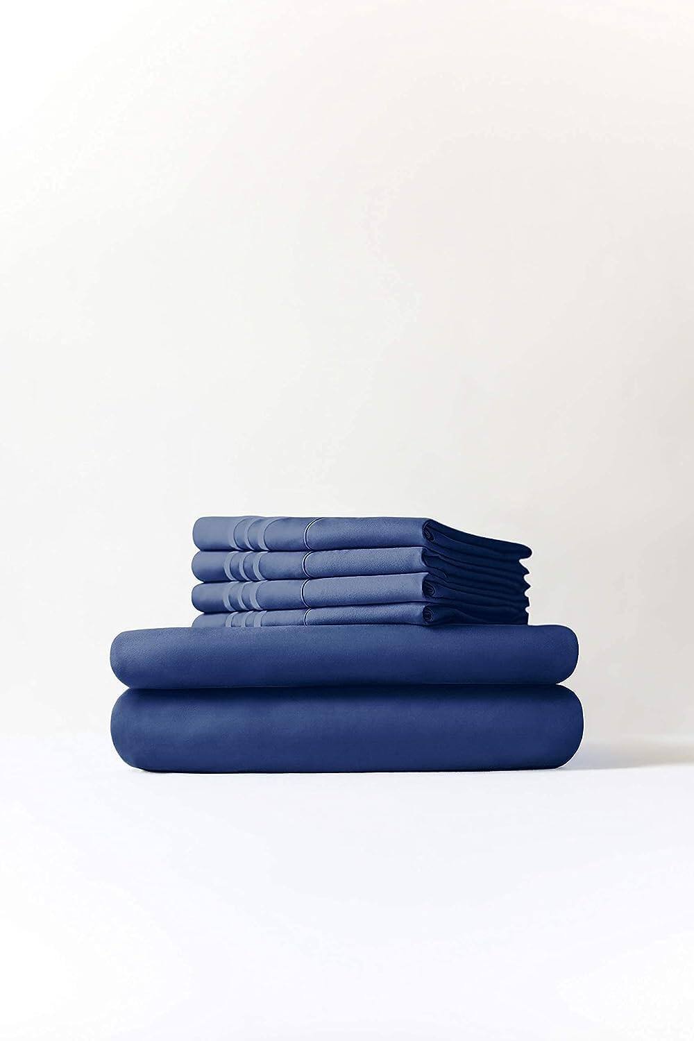 Angle. CGK Linens - Ultra Soft Solid 6 Piece Sheet Set - Comfortable Bed Sheets & Extra Pillowcases - Split king - Navy Blue.