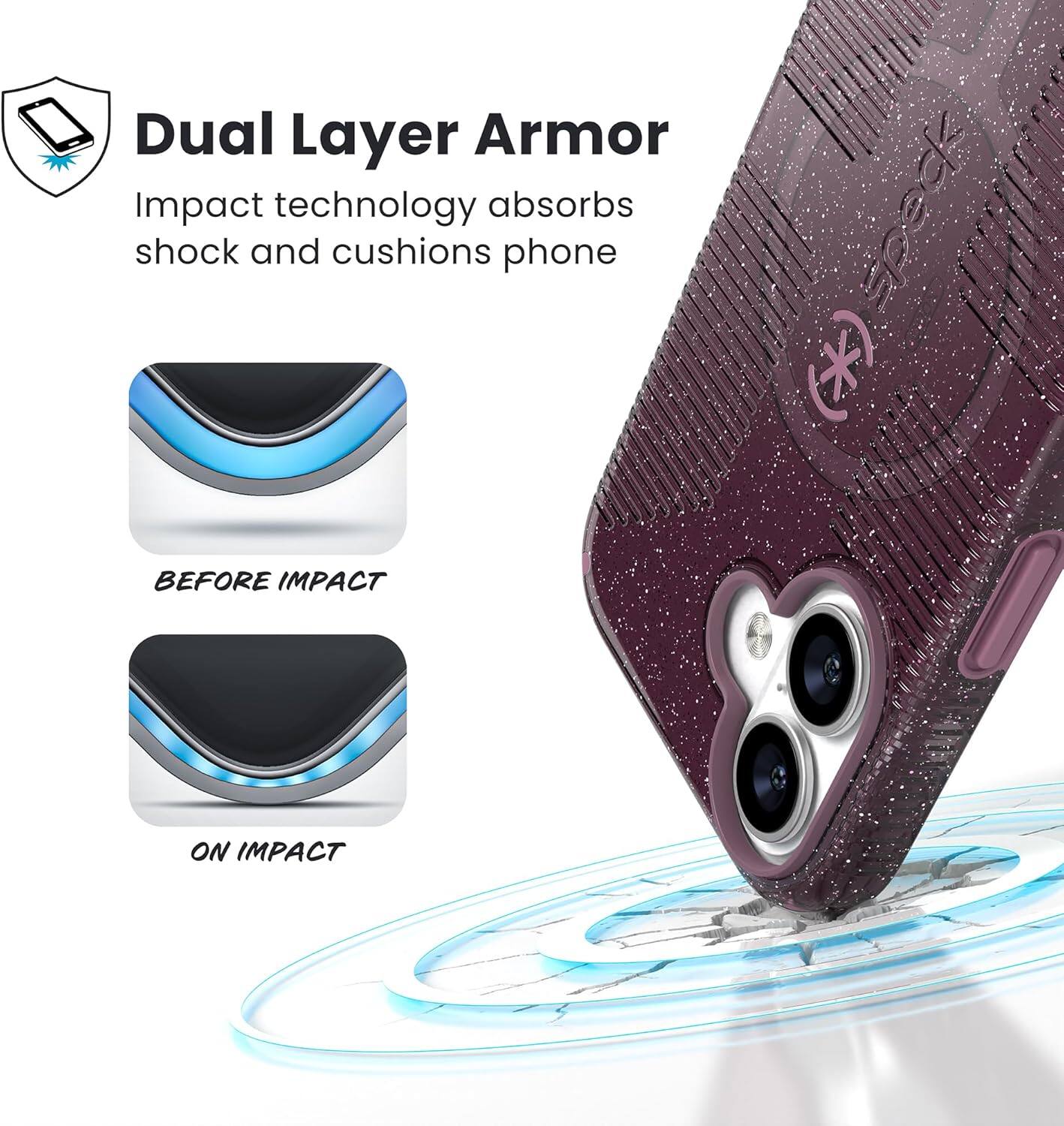 Dual Layer Armor  
Impact technology absorbs shock and cushions phone  

BEFORE IMPACT  
ON IMPACT