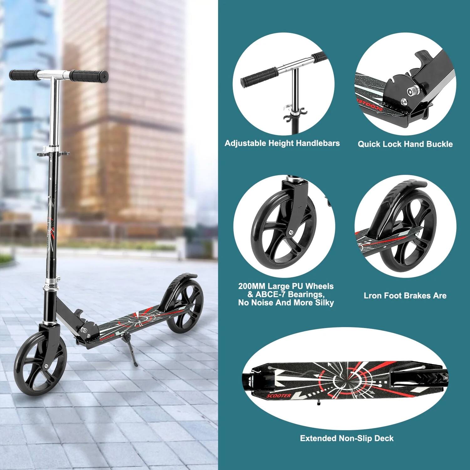 9003 Adjustable Height Handlebars Quick Lock Hand Buckle  
200MM Large PU Wheels & ABCE-7 Bearings, No Noise And More Silky  
Lron Foot Brakes Are  
Extended Non-Slip Deck