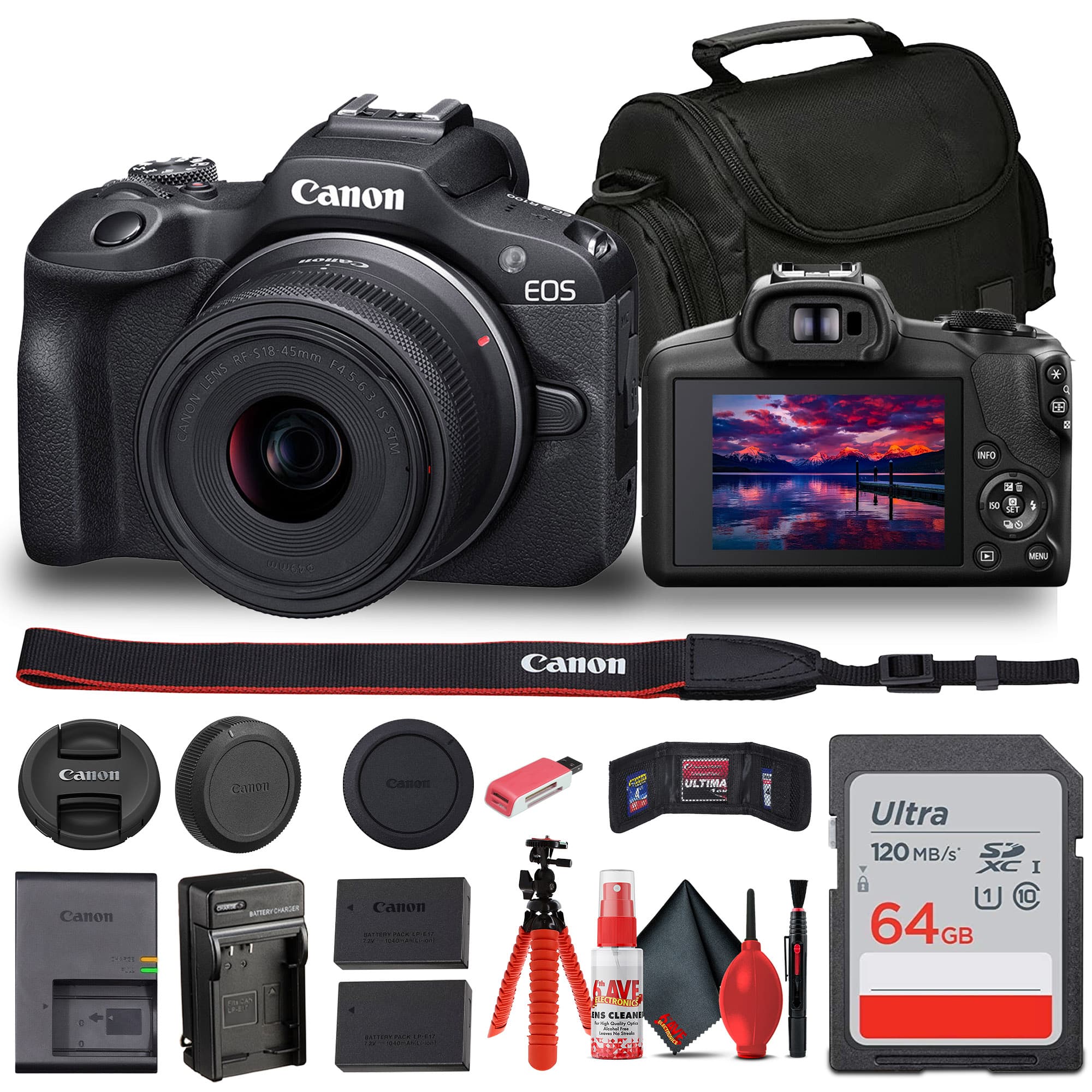 Canon - EOS R100 Mirrorless Camera with 18-45mm Lens + Bag + 64GB Card + LPE17 Battery + More - Black W/ Lens Bundle