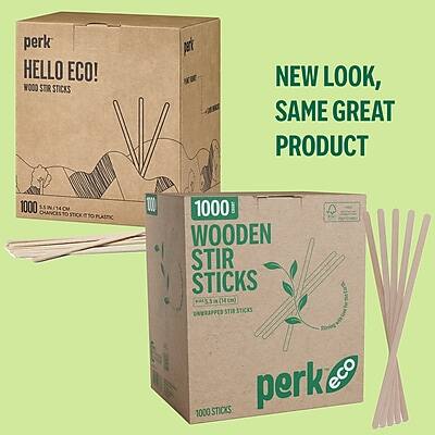 **Perk Eco!**

**Hello Eco!**
Wood Stir Sticks

**New Look, Same Great Product**

**1000 Wooden Stir Sticks**
(5.5" / 14 cm)
Unwrapped Stir Sticks

**1000 Sticks**