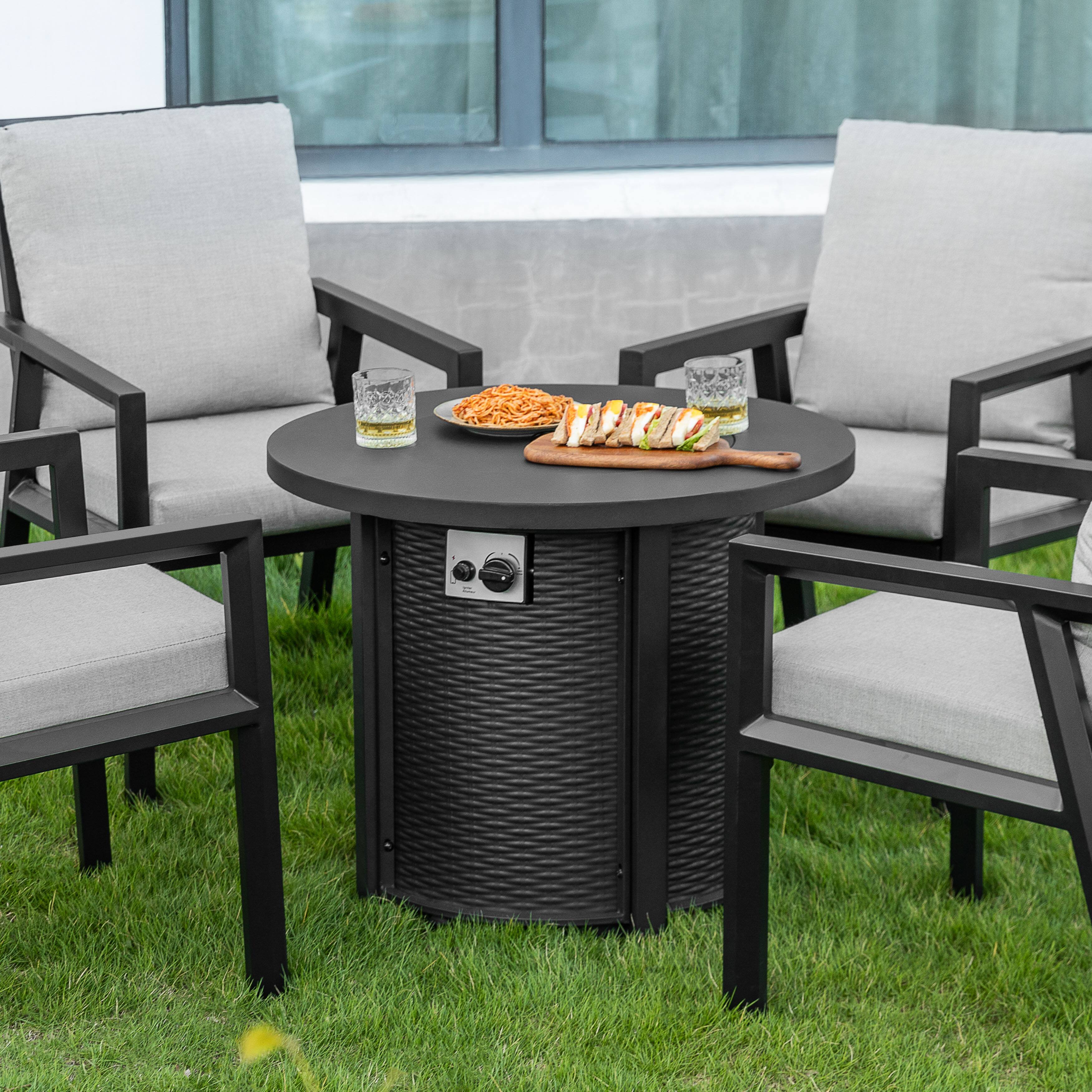 Left. Nuu Garden - Patio Metal 30'' Round Tabletop Propane Fire Pit Table with Lid and Lava Rocks, Rattan Embossed Pattern - Black.