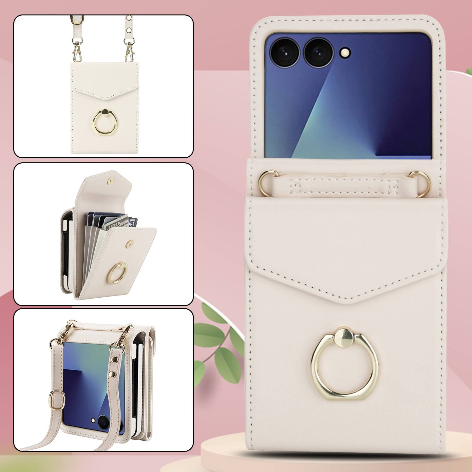 Alt View 5. Dteck - Wallet Case for Samsung Galaxy Z Flip7, Crossbody Ring Stand Faux Leather Cover with RFID Blocking Card Holder+Strap - White.