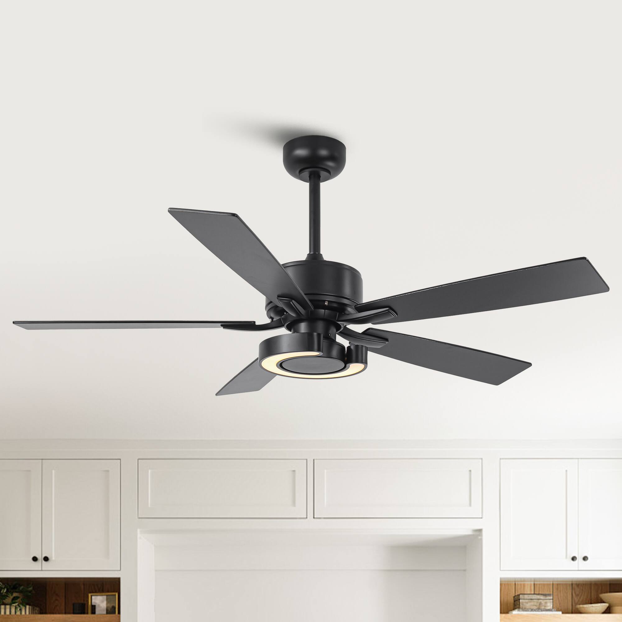 Angle. Parrot Uncle - 52" Modern Intergatred LED Reversible Black Ceiling Fan with Light and Remote - Black.