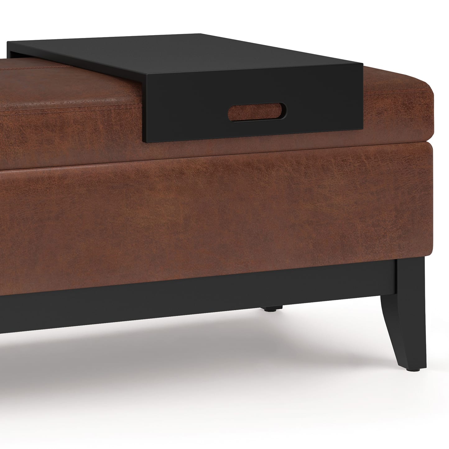 Simpli Home Oregon Storage Ottoman Bench with Tray Distressed Saddle