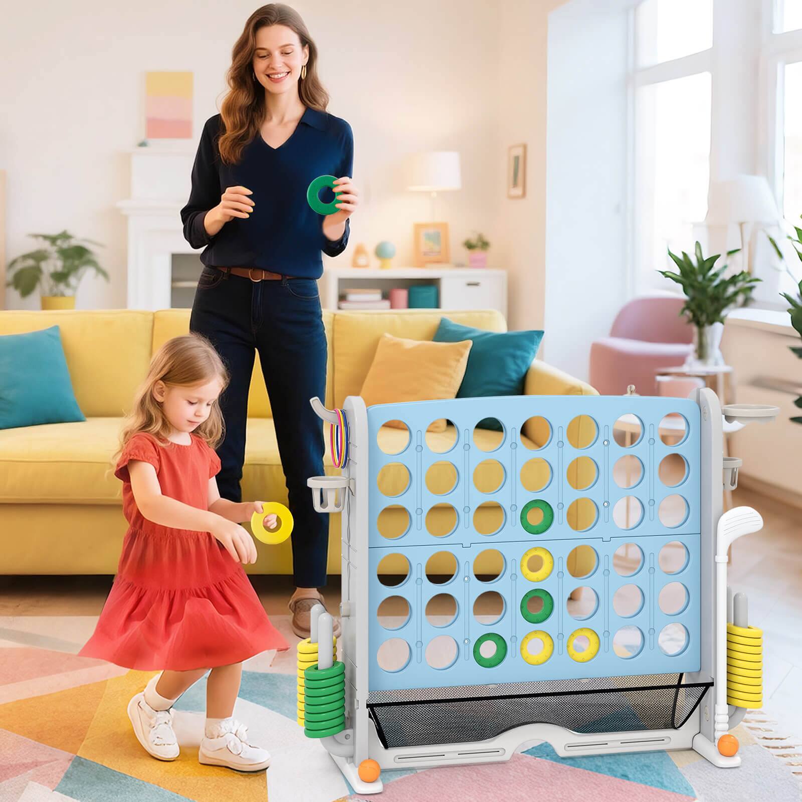 Alt View 9. Costway - Costway Giant 4-in-a-Row Game Set with Ring-toss, Basketball Hoop, Golf Club & Cup Holders - Light Blue,Gray.