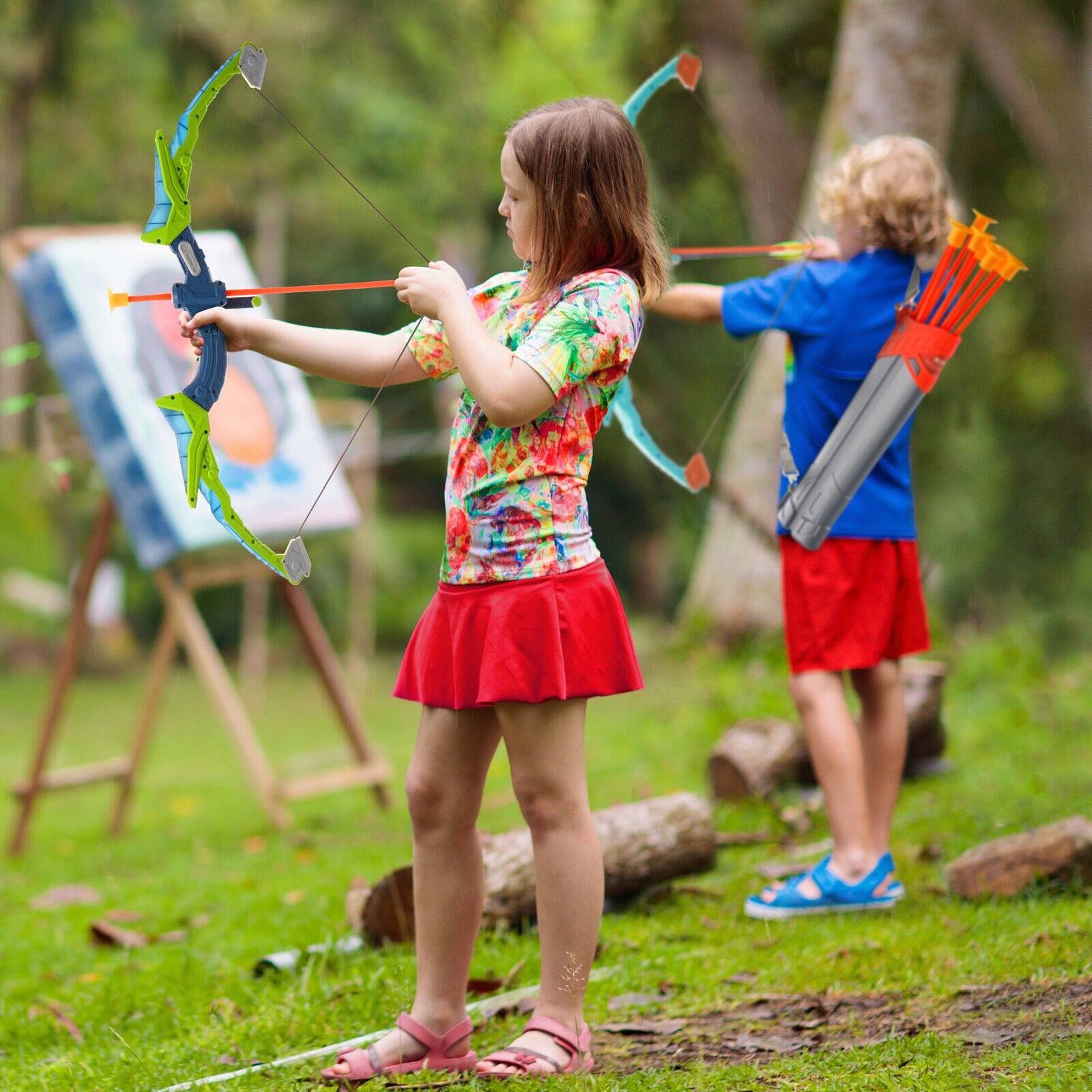 Alt View 9. Glintex - Bow & Arrow Set for Kids, 2-Pack LED Archery Set w/ Suction Cup Arrows, 2 Guns, 3 Target Cans, Outdoor Toy.