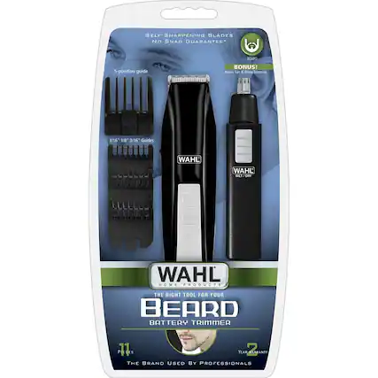 SELF-SHARPENING BLADES NO SNAG GUARANTEE*
5-POSITION GUIDE
1/16" 1/8" 3/16" GUIDES
BONUS! Nose, Ear & Brow Trimmer
WAHL HOME PRODUCTS
THE RIGHT TOOL FOR YOUR BEARD
BATTERY TRIMMER
11 PIECES
2 YEAR WARRANTY
THE BRAND USED BY PROFESSIONALS