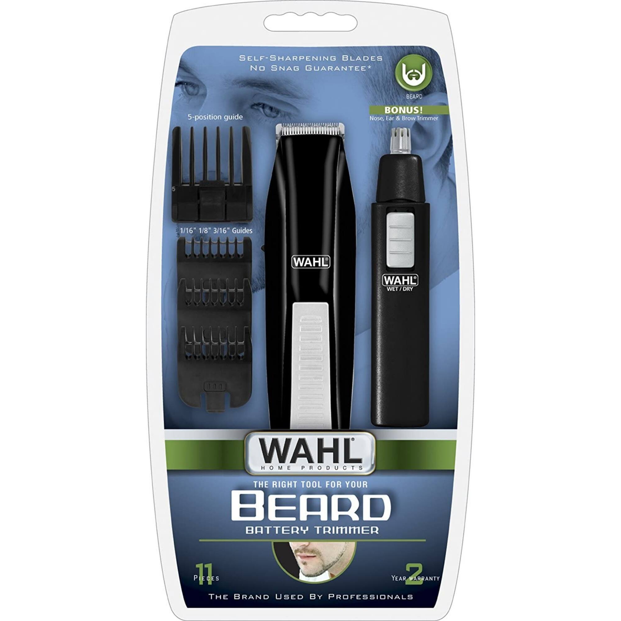 SELF-SHARPENING BLADES NO SNAG GUARANTEE*  
5-POSITION GUIDE  
1/16" 1/8" 3/16" GUIDES  
BONUS! Nose, Ear & Brow Trimmer  
WAHL HOME PRODUCTS  
THE RIGHT TOOL FOR YOUR BEARD  
BATTERY TRIMMER  
11 PIECES  
2 YEAR WARRANTY  
THE BRAND USED BY PROFESSIONALS