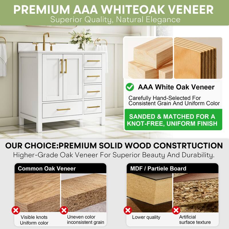PREMIUM AAA WHITEOAK VENEER  
Superior Quality, Natural Elegance  
AAA White Oak Veneer  
Carefully Hand-Selected For Consistent Grain And Uniform Color  
SAND & MATCHED FOR A KNOT-FREE, UNIFORM FINISH  

OUR CHOICE: PREMIUM SOLID WOOD CONSTRUCTION  
Higher-Grade Oak Veneer For Superior Beauty And Durability.  

Common Oak Veneer  
Visible knots  
Uneven color  
Inconsistent grain  

MDF / Partiele Board  
Lower quality  
Artificial surface texture