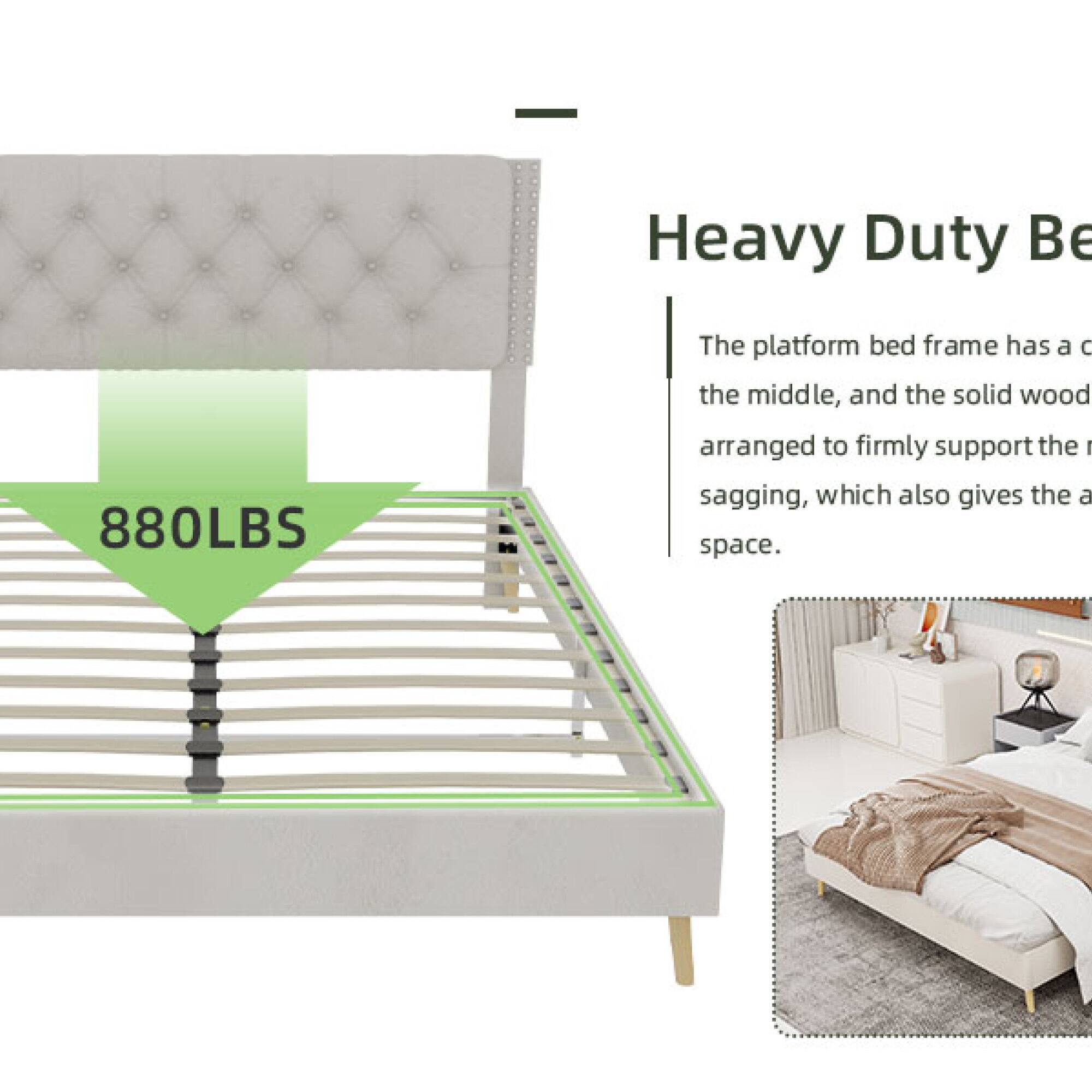 Heavy Duty Bed 880LBS

The platform bed frame has a central support, and the solid wood is arranged to firmly support the frame, preventing sagging, which also gives the bed a space.