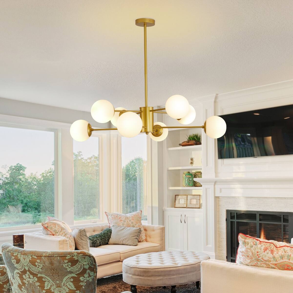 Angle. Loheer - Loheer 35 Inch Gold Chandelier, Eight Light Mid Century Branching Ceiling Fixture with White Glass Globe Shades.
