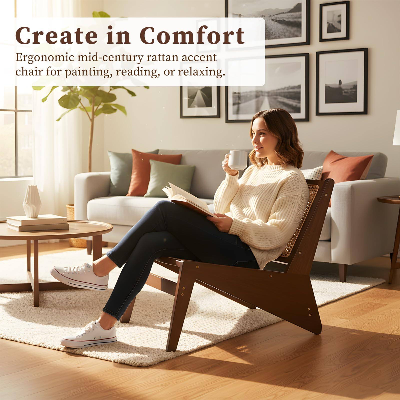 Create in Comfort

Ergonomic mid-century rattan accent chair for painting, reading, or relaxing.