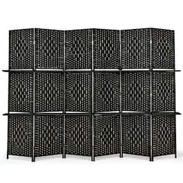 Costway - 6 Panel Folding Room Divider 6Ft Weave Fiber Screen W/ 2 Display Shelves - Black