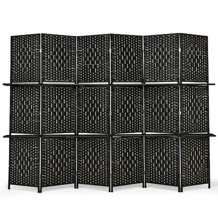 Front. Costway - Costway 6 Panel Folding Room Divider 6Ft Weave Fiber Screen W/ 2 Display Shelves - Black.