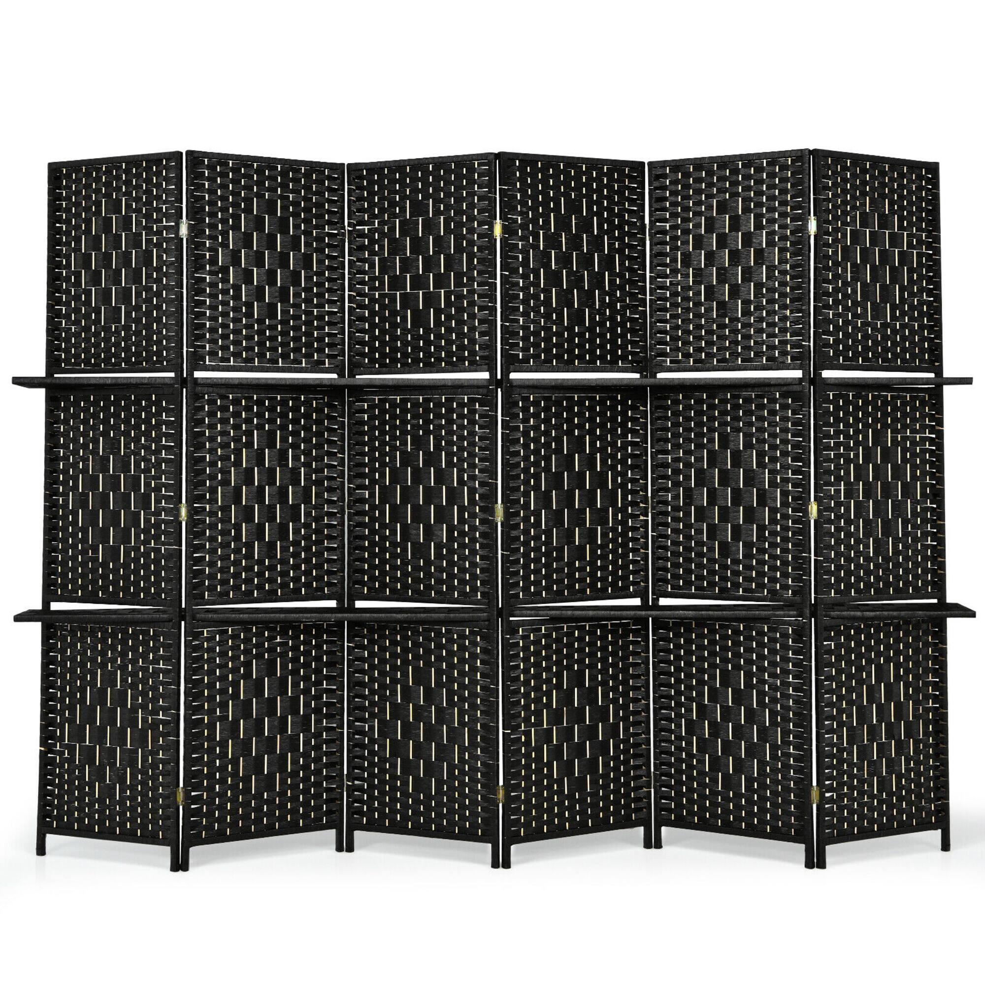 Front. Costway - Costway 6 Panel Folding Room Divider 6Ft Weave Fiber Screen W/ 2 Display Shelves - Black.