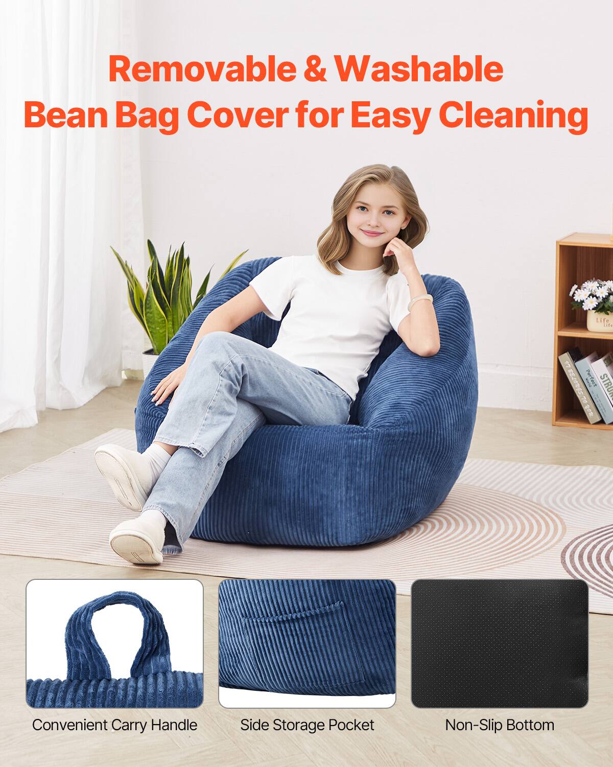 Removable & Washable  
Bean Bag Cover for Easy Cleaning  

Convenient Carry Handle  
Side Storage Pocket  
Non-Slip Bottom