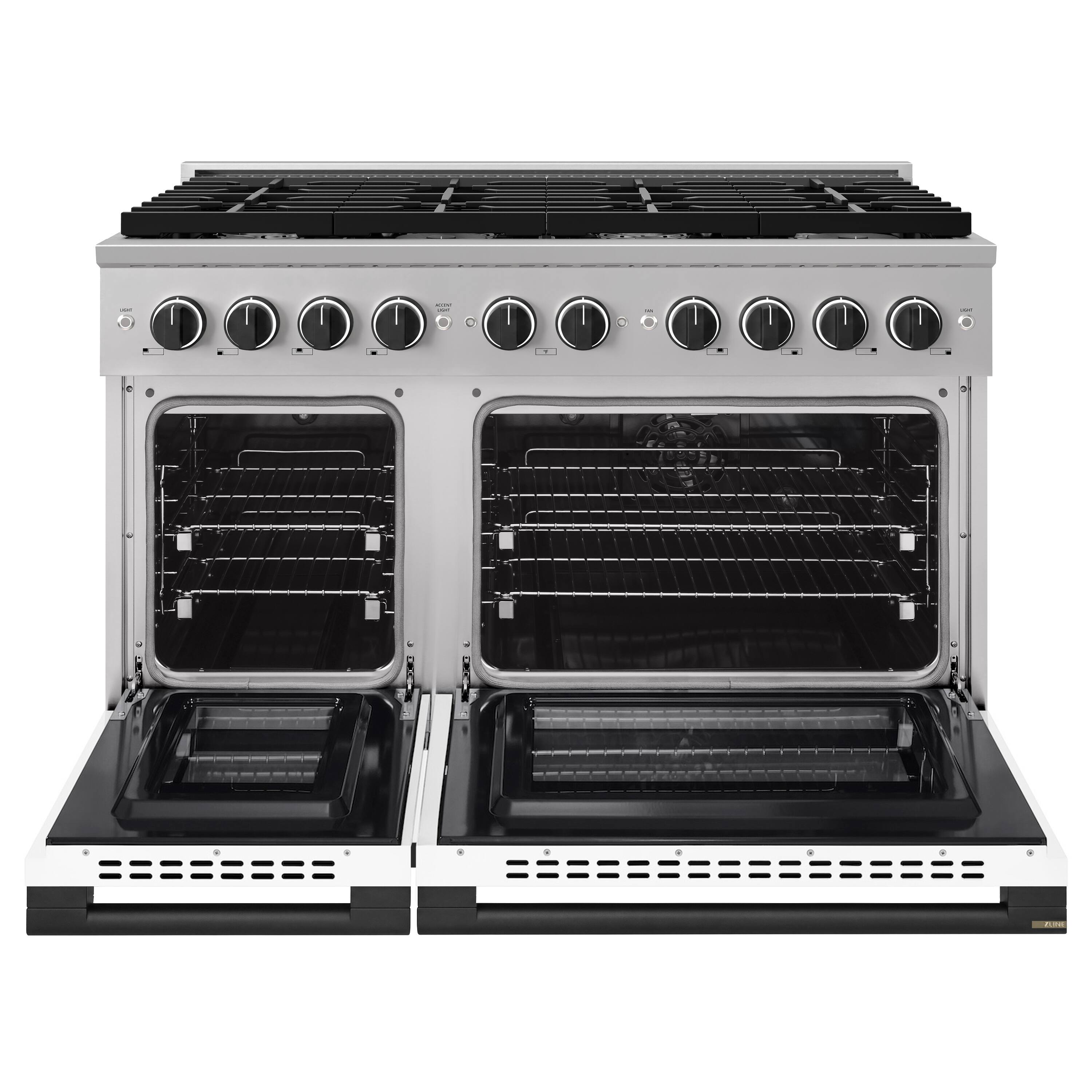 Angle. ZLINE - Autograph 48 in. 6.7 cu. ft. Marino Dual Fuel Freestanding Range with 8 Gas Burner Cooktop with White & Black Accents - White Matte.