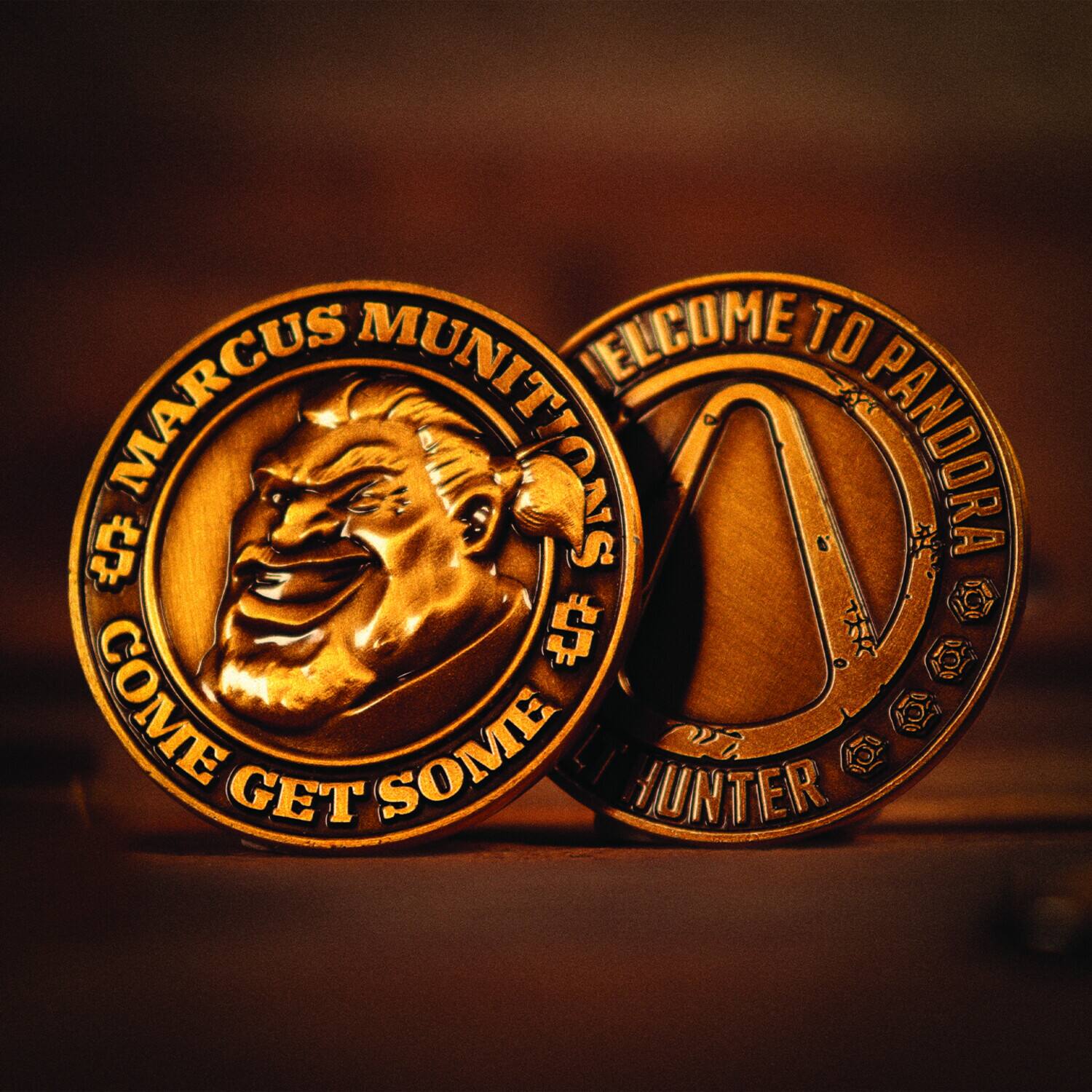 Sure, here is the corrected and grouped text from the image:

---

**Marcus Munitions**

**Welcome to Pandora**

**Come Get Some**

**Hunter**

---

The text is arranged as follows:

- On the left coin: "Marcus Munitions" and "Come Get Some"
- On the right coin: "Welcome to Pandora" and "Hunter"