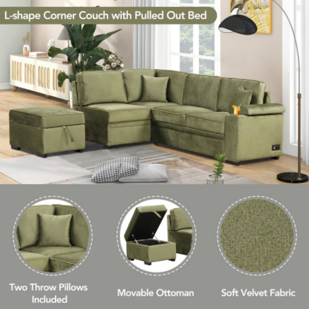 L-shape Corner Couch with Pulled Out Bed

- Two Throw Pillows Included
- Movable Ottoman
- Soft Velvet Fabric