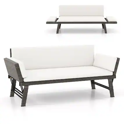Front. SlickBlue - Outdoor Convertible Sofa Daybed with Adjustable Armrests for Balcony or Patio - Off White.
