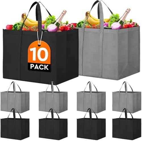 ESBANY - Reusable Grocery Shopping Bags 10 Pack Large Foldable Tote Bags Bulk, Eco Produce Bags with Long Handle for Shopping - Black, Grey
