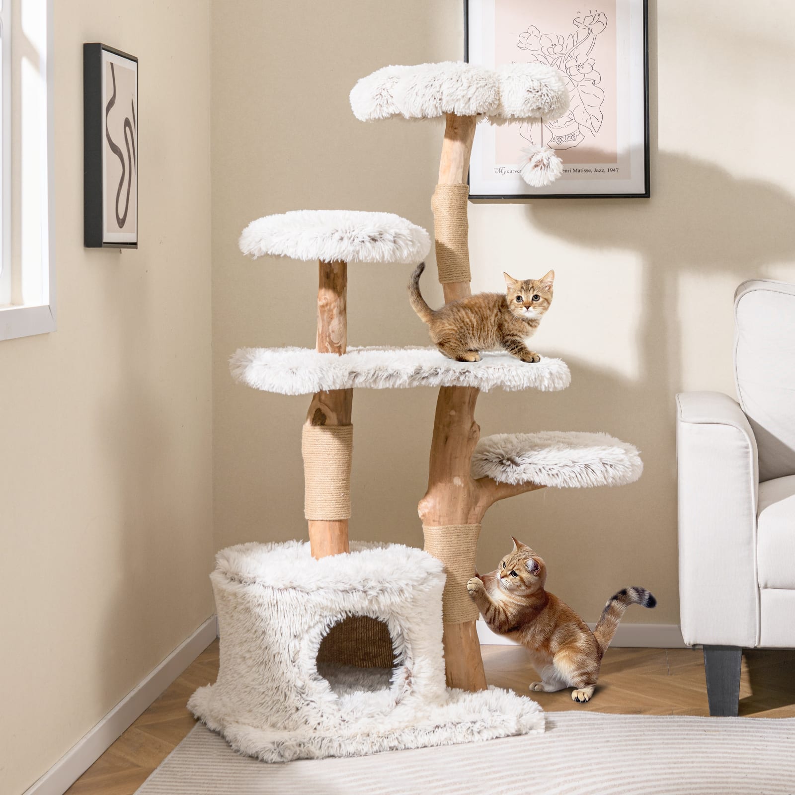 Gymax - 53'' Tall Natural Branch Wooden Cat Tower w/ Jute Scratching Posts Plush Perch price history on PriceWatchPro
