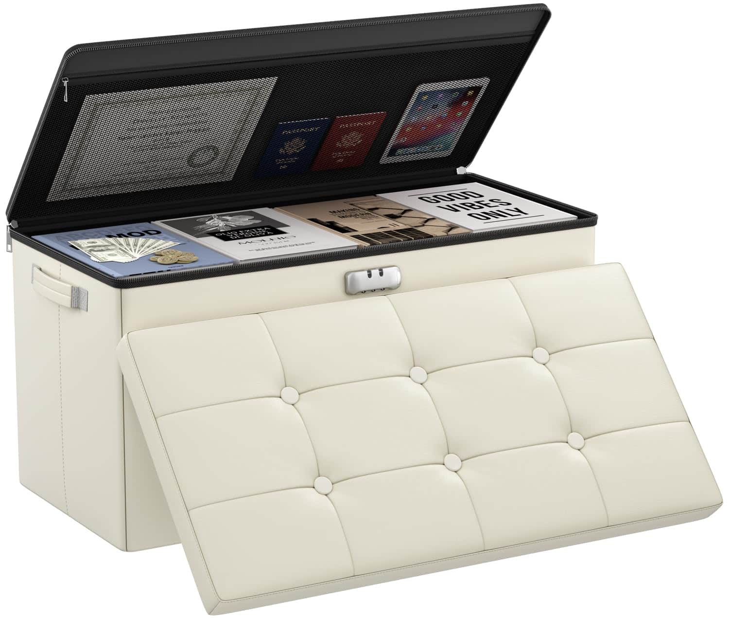 JETRANSPORT - Storage Ottoman Lock Fireproof Folding Foot Rest Stool Chest Safe Important Documents Waterproof Inches - Beige 30"D x 15"W x 15"H