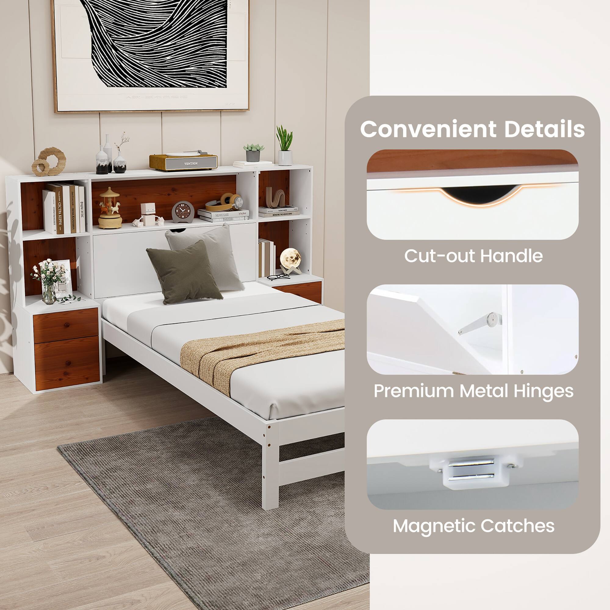 Convenient Details

- Cut-out Handle
- Premium Metal Hinges
- Magnetic Catches