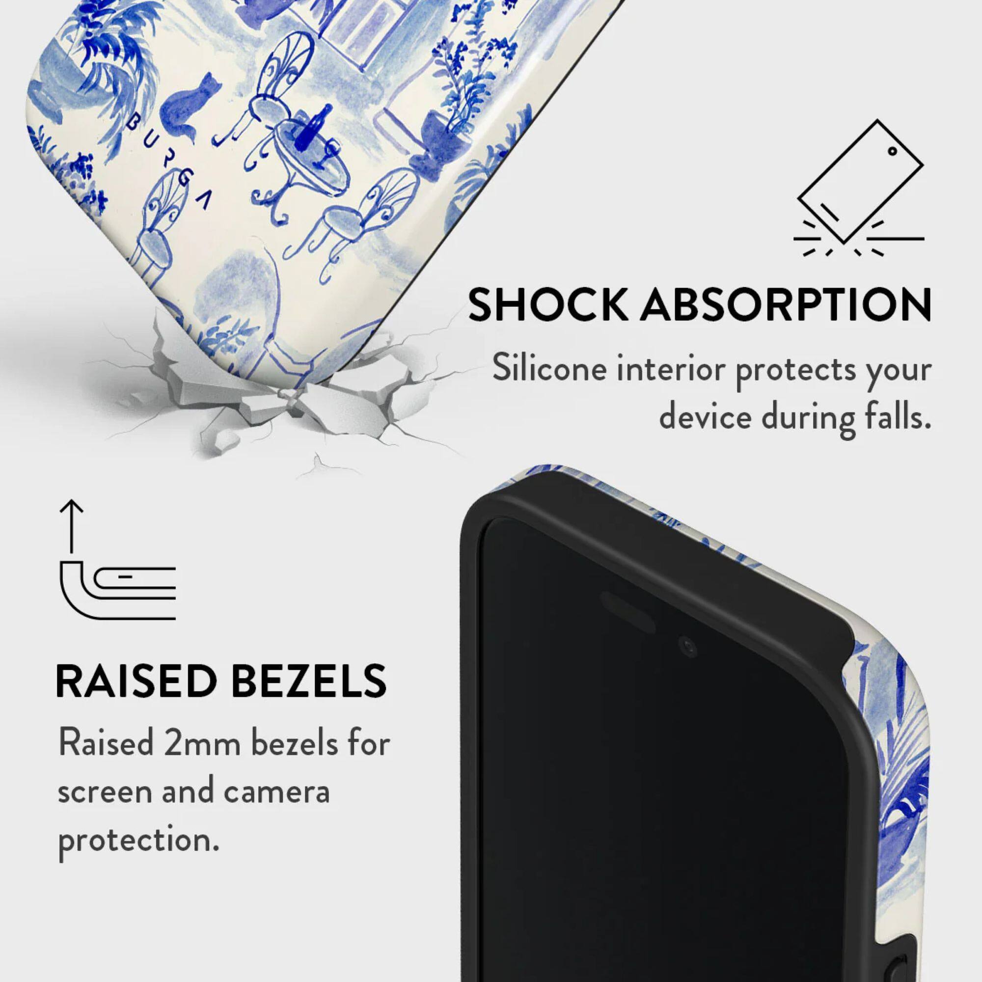 SHOCK ABSORPTION  
Silicone interior protects your device during falls.

RAISED BEZELS  
Raised 2mm bezels for screen and camera protection.