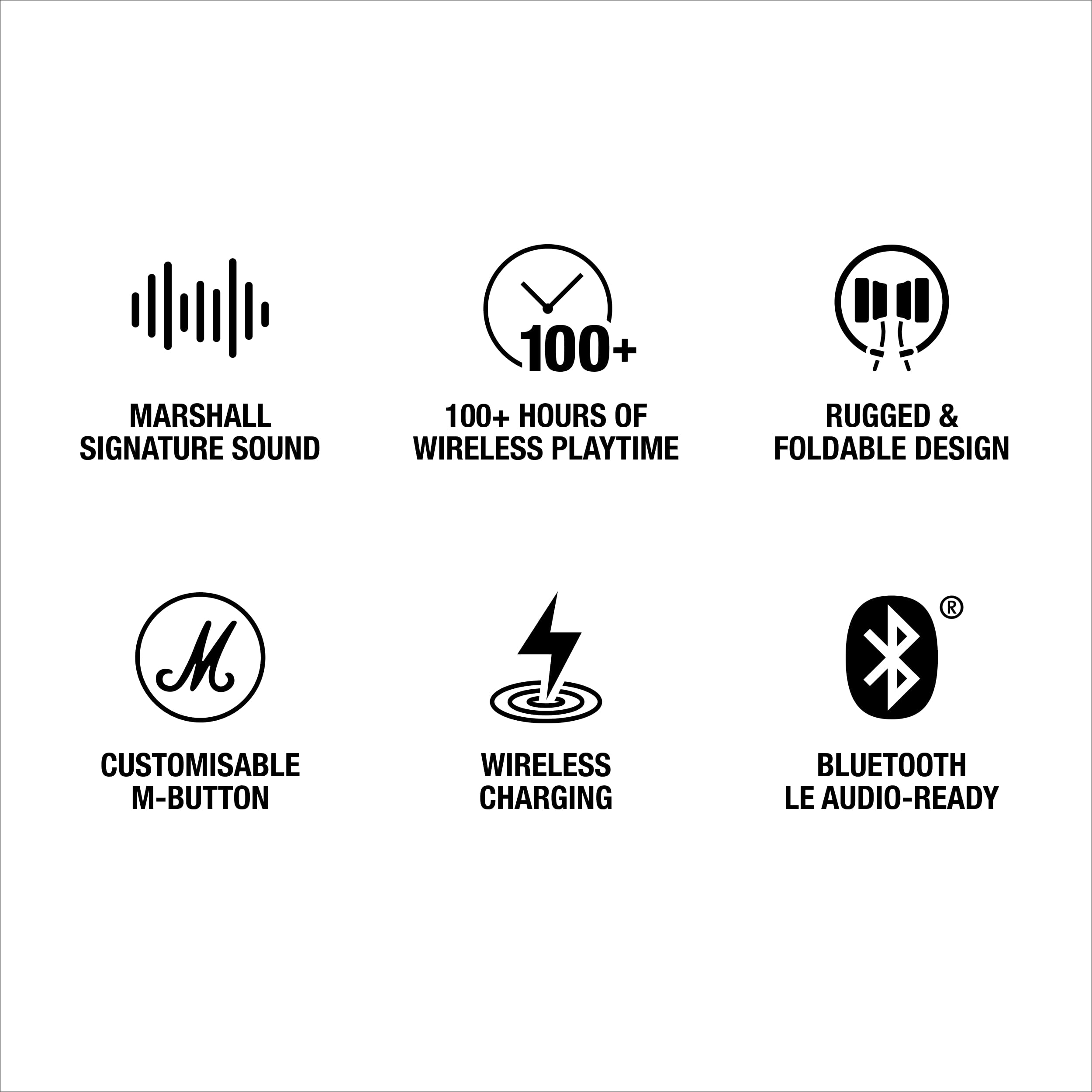 Marshall Signature Sound: 100+ hours of wireless playtime, rugged & foldable design, customisable M-Button, wireless charging, Bluetooth LE Audio-ready.