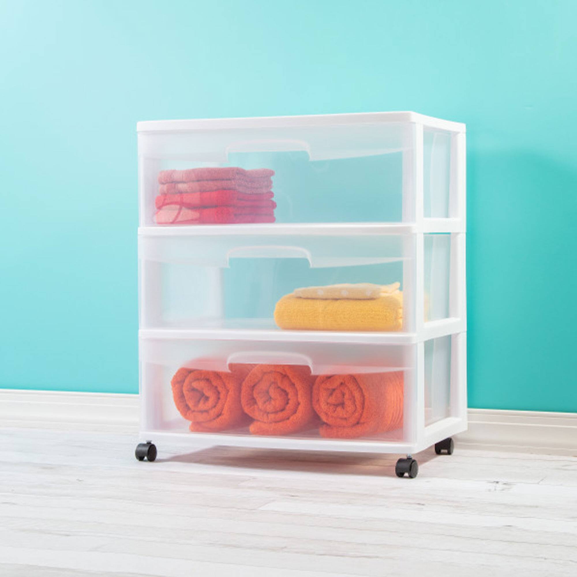 Sterilite Wide 3 Drawer Rolling Storage Cart Container with