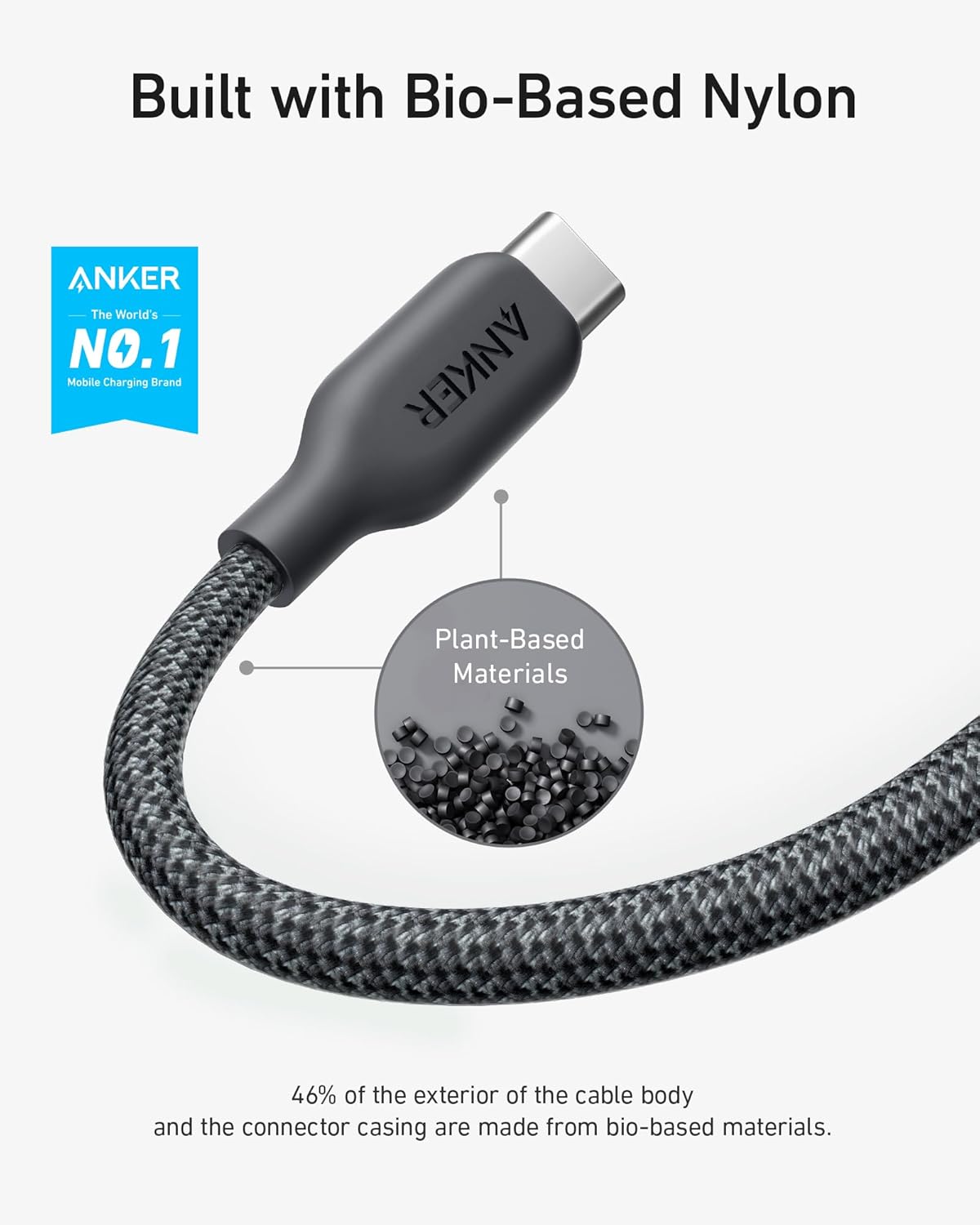 Built with Bio-Based Nylon

ANKER  
The World's NO.1 Mobile Charging Brand

Plant-Based Materials

46% of the exterior of the cable body and the connector casing are made from bio-based materials.