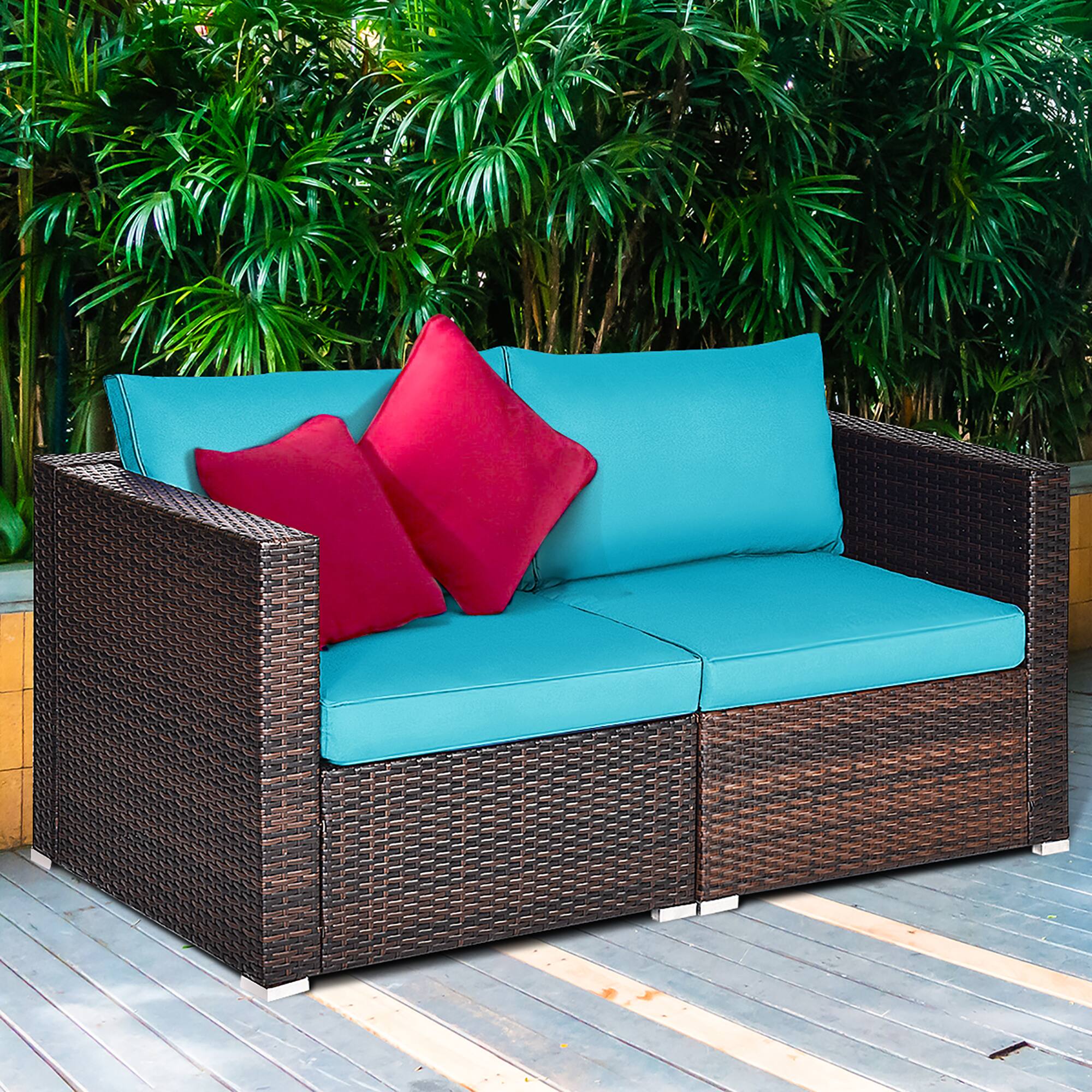 Alt View 3. Costway - Costway 2PCS Patio Rattan Corner Sofa Sectional Furniture Blue Cushion - Blue.
