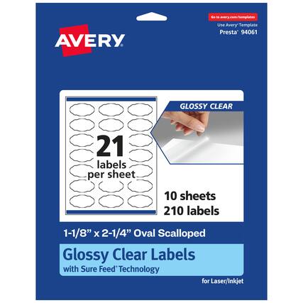 Go to avery.com/templates
Use Avery Template Presta® 94061
GLOSSY CLEAR
21 labels per sheet
10 sheets
210 labels
1-1/8" x 2-1/4" Oval Scalloped Glossy Clear Labels with Sure Feed® Technology for Laser/Inkjet