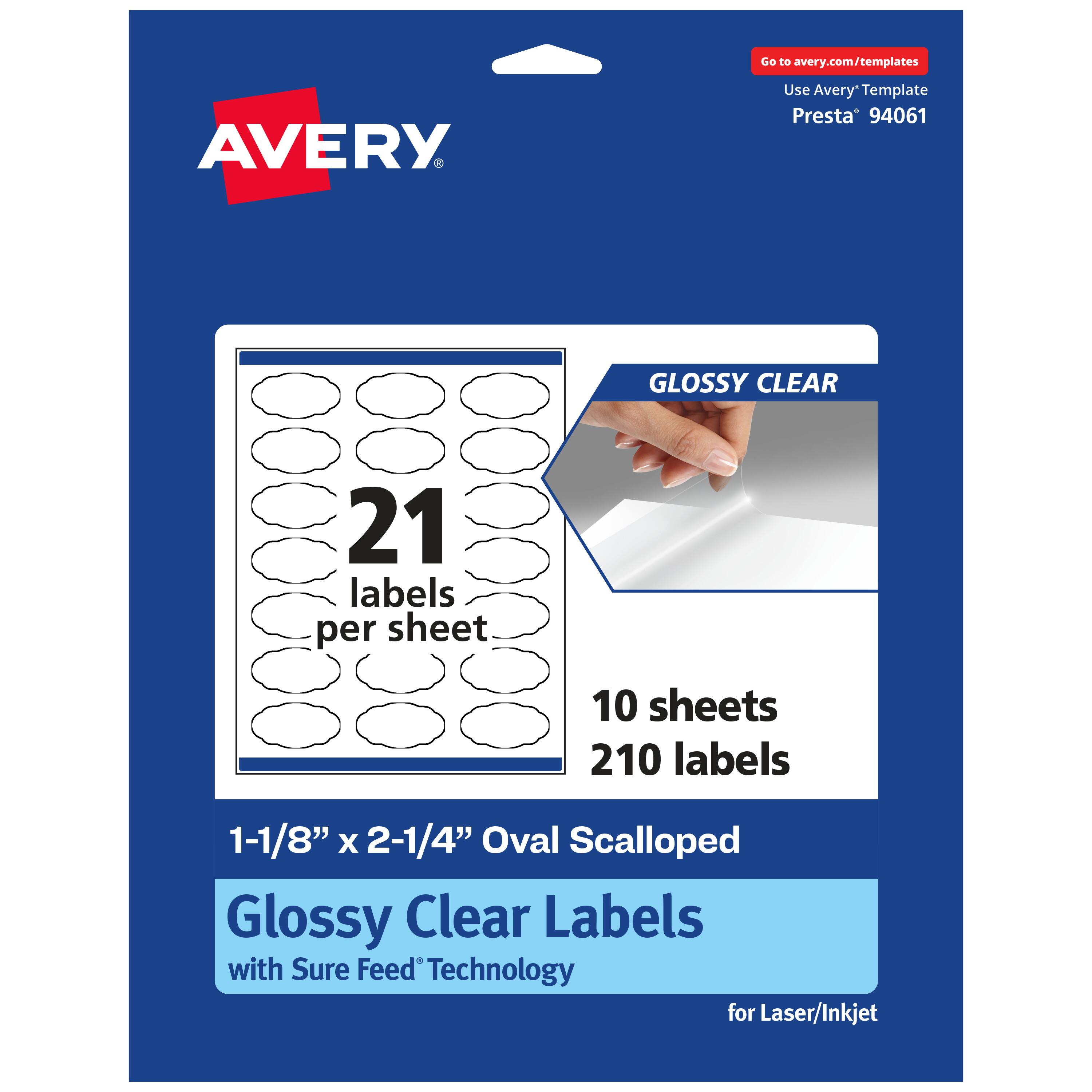 Go to avery.com/templates  
Use Avery Template Presta® 94061  

GLOSSY CLEAR  
21 labels per sheet  
10 sheets  
210 labels  

1-1/8" x 2-1/4" Oval Scalloped Glossy Clear Labels with Sure Feed® Technology for Laser/Inkjet