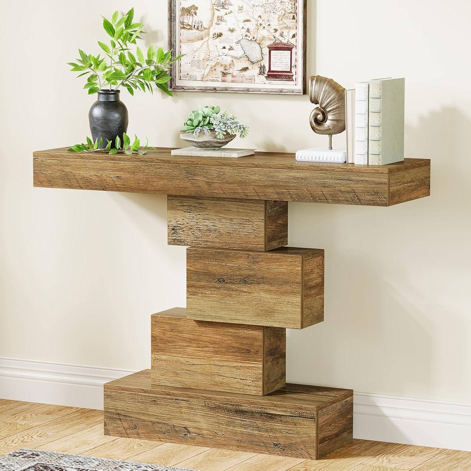 SlickBlue - Contemporary Farmhouse Sofa Table with Wooden Top for Home - Light Brown