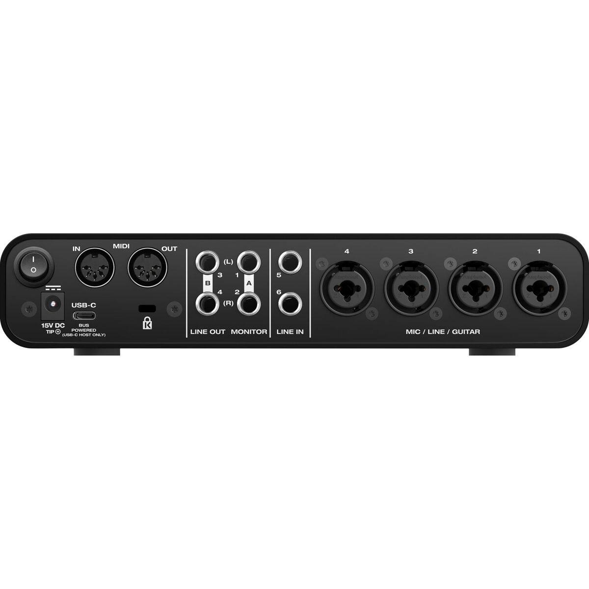 I/O MIDI IN USB-C 15V DC BL TIP POWERED  
- HOWT -  
K OUT (L) 3 1 5 A 4 2 6 (R)  
LINE OUT MONITOR LINE IN  
4 3 2 MIC J LINE J GUITAR 1 *