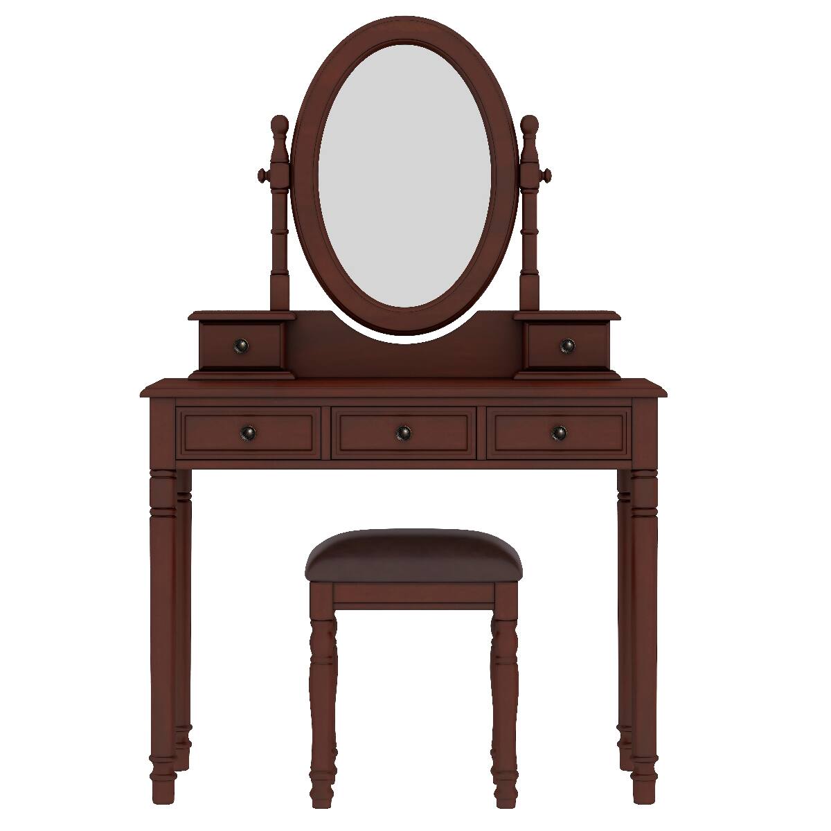 Alt View 4. Loheer - Loheer Vanity Desk with Adjustable Angle Mirror, Walnut Wood, Cushioned Stool and Five Drawers - Walnut.