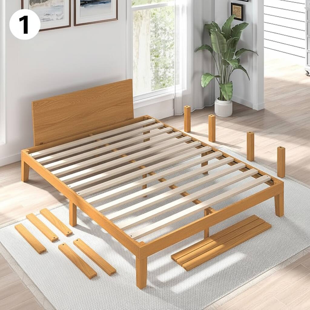Alt View 2. AOITUN - Full Size Solid Wood Platform Bed Frame with Headboard, Minimalist Design, Noise-Free Slats, No Box Spring - wood.