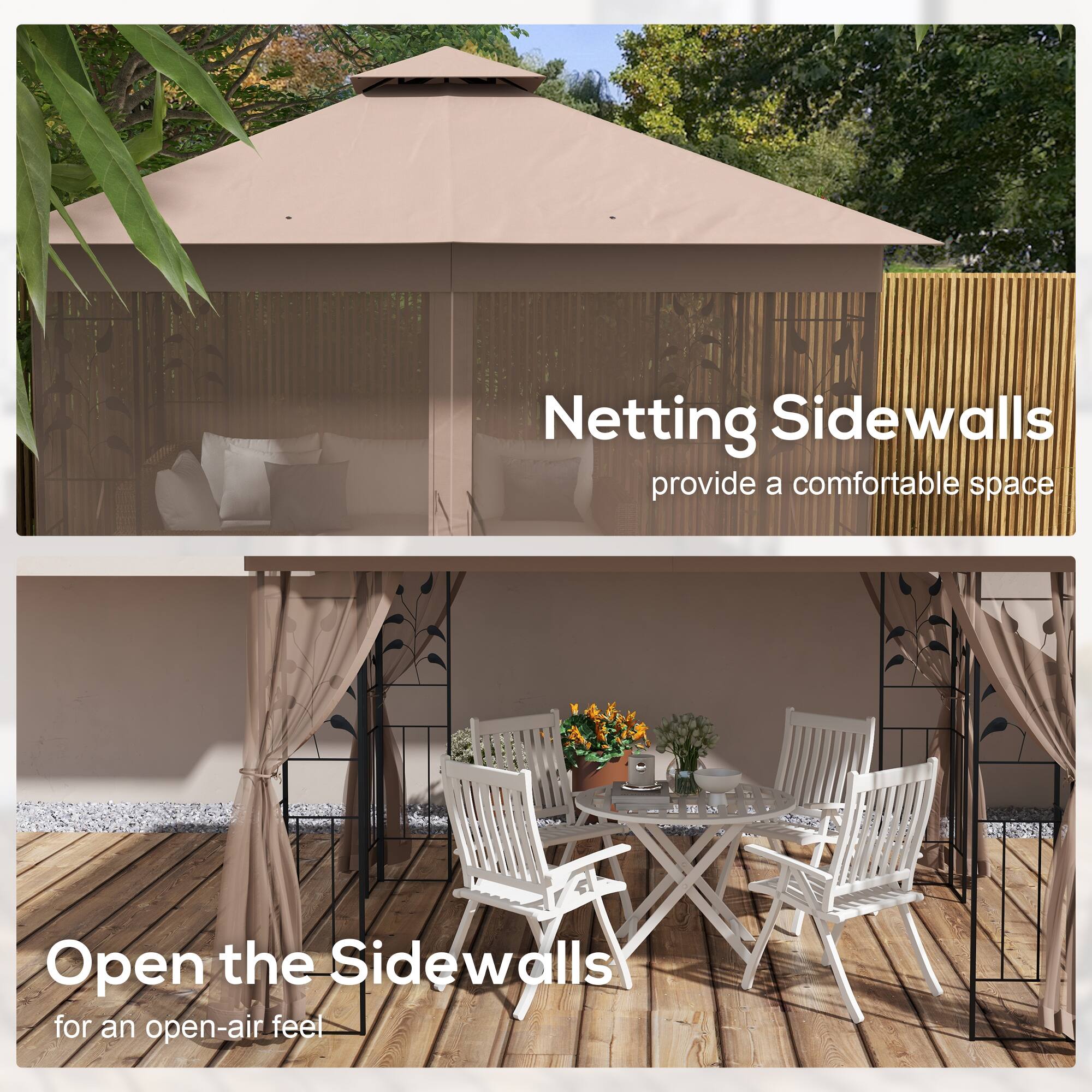 Netting Sidewalls provide a comfortable space. Open the Sidewalls for an open-air feel.