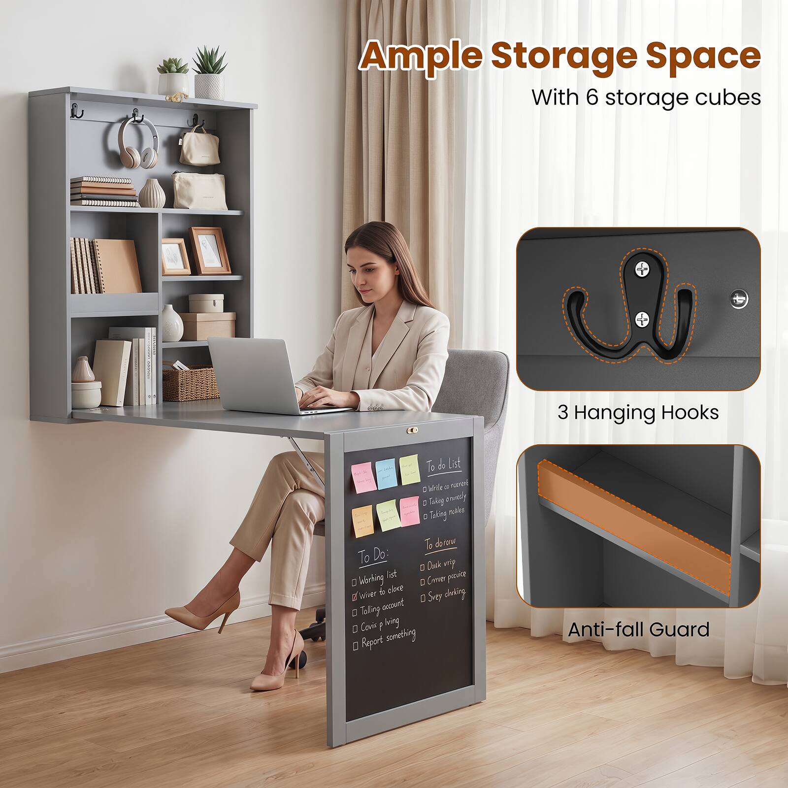 Ample Storage Space With 6 storage cubes 3 Hanging Hooks To do List Wi - qerenl " - Tlny rvely meales a Toking To dorour To Do Dack mp Iot Cenver pecuice Working clore D Wiver i deding acccant Sey Toliny Covic ? bving Report semething Anti-fall Guard