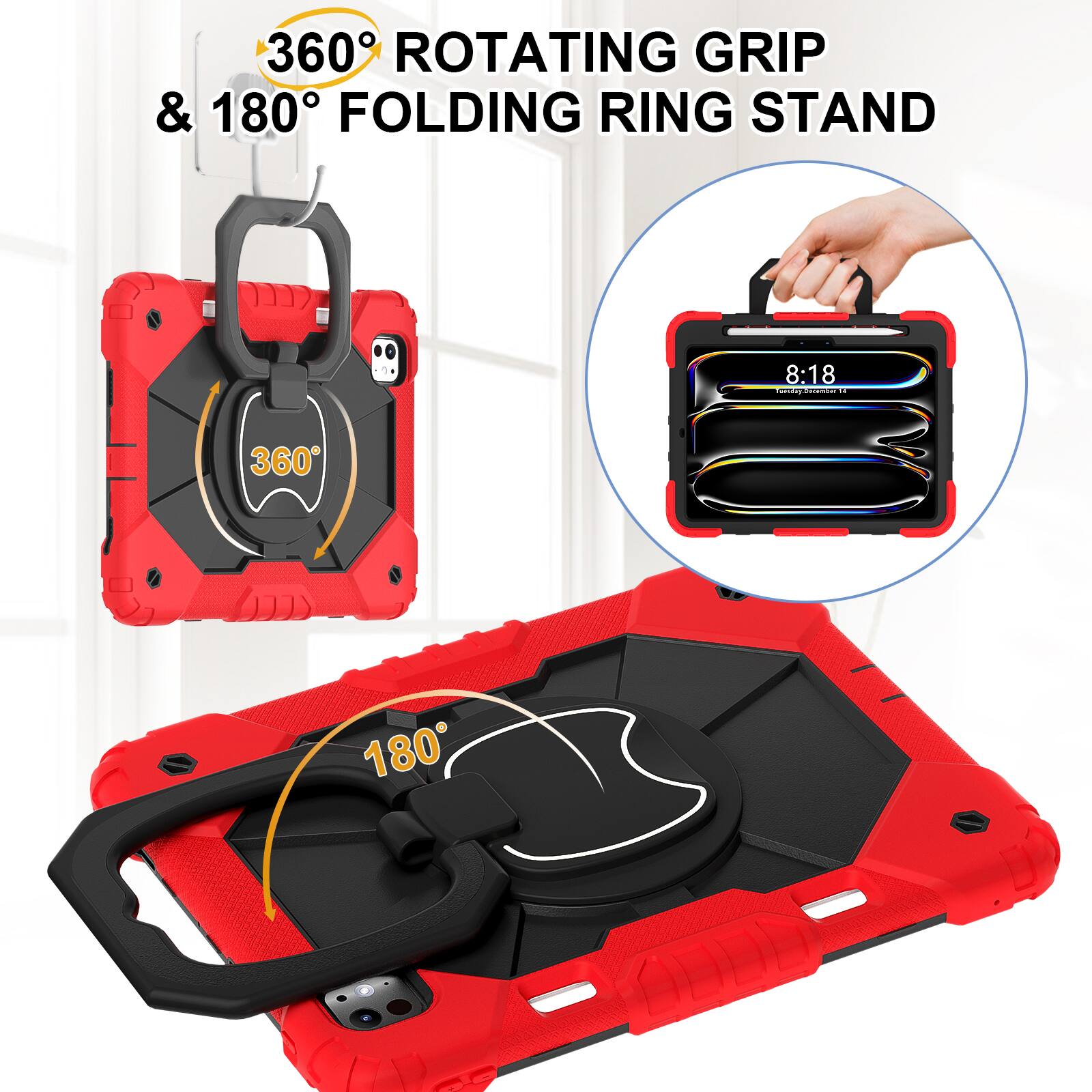 360° Rotating Grip & 180° Folding Ring Stand